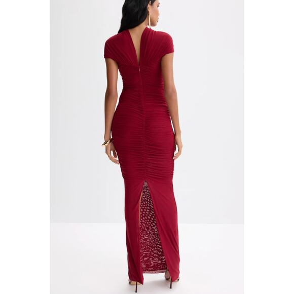Ronny Kobo Red Ruched Maxi Dress MEDIUM Cutout Slinky Jersey Gown Designer $468 - Picture 4 of 13